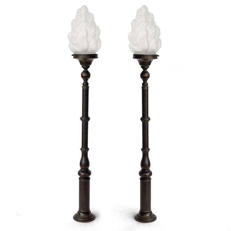 Pair of Patinated Brass Newal Post Lamps with Flambeau Glass Shades (c.1920)