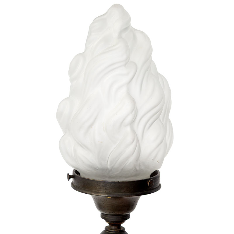 Pair of Patinated Brass Newal Post Lamps with Flambeau Glass Shades