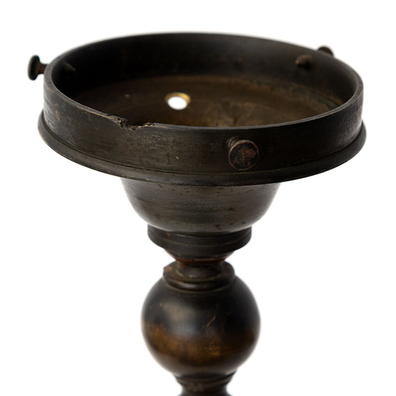 Pair of Patinated Brass Newal Post Lamps with Flambeau Glass Shades