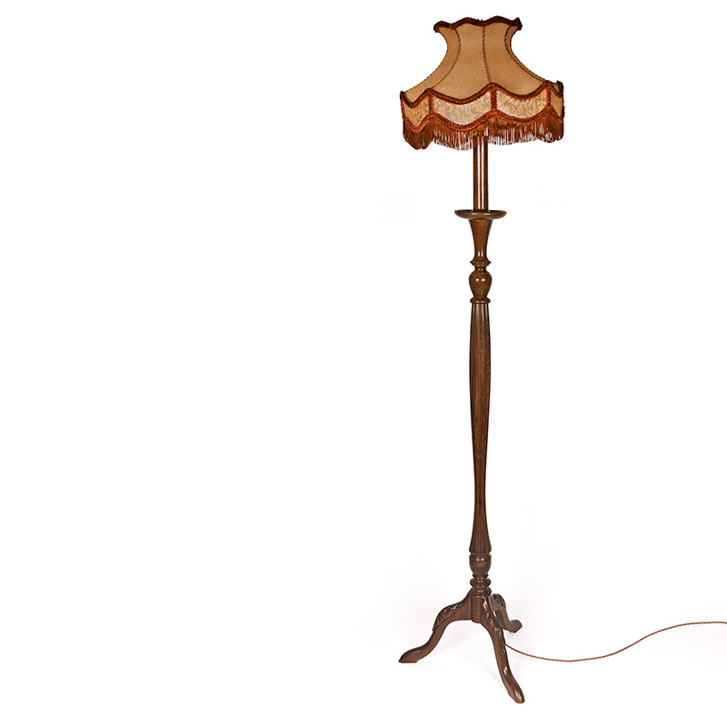 Art Deco Wooden Floor Lamp with Decorative Parchment and Vellum Lamp Shade (c.1935)