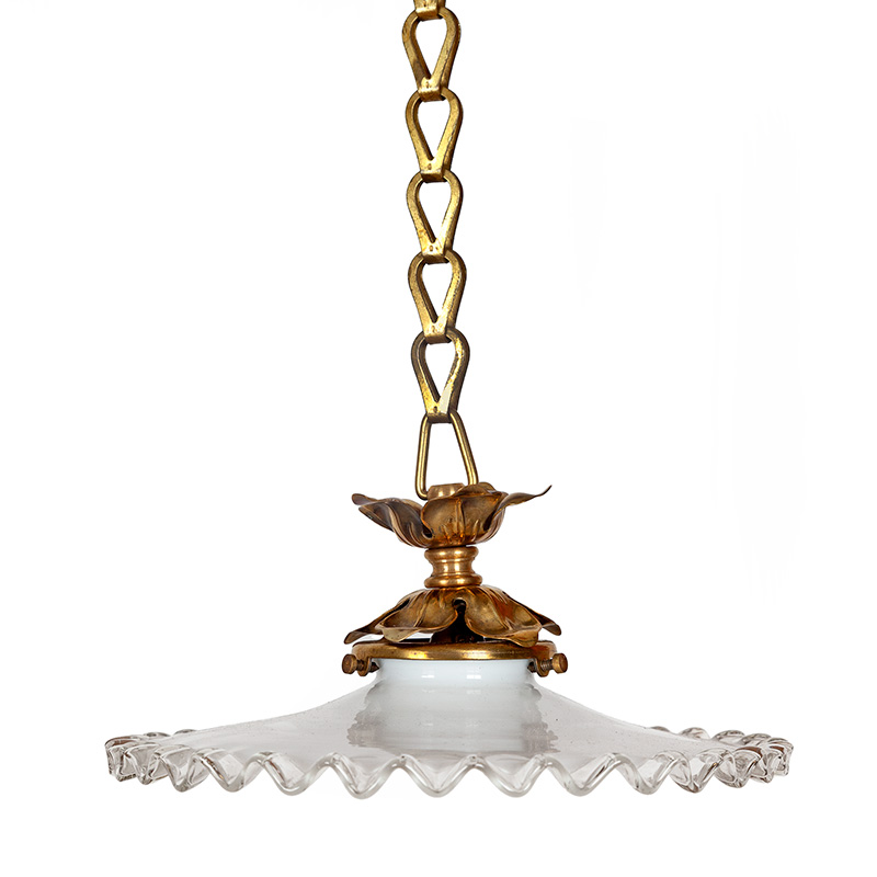Art Deco Brass Ceiling Pendant Light with Fluted and Flared Opaline Glass Shade