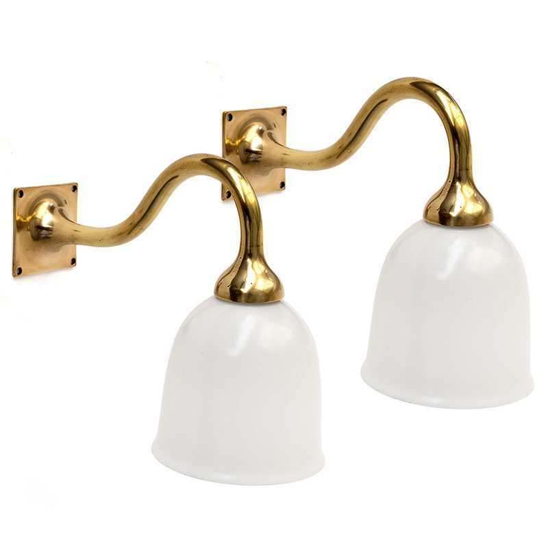 Pair of Art Deco Cast Brass Swan Necked Wall Lights with Opal Bell Shaped Glass Shades