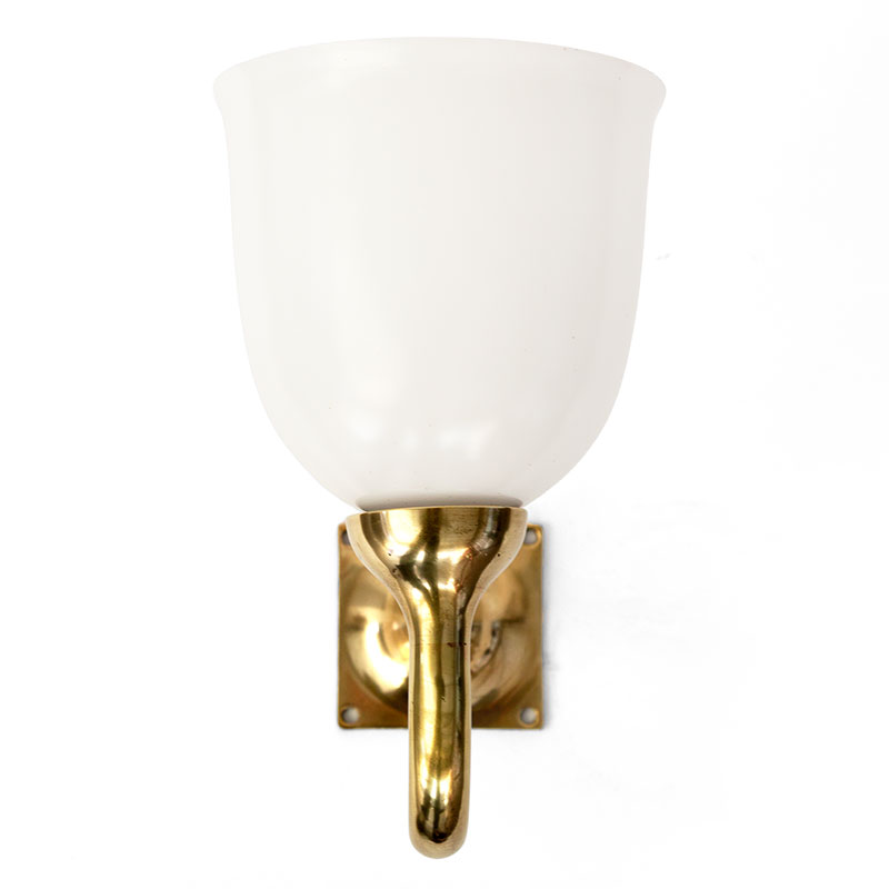 Pair of Art Deco Cast Brass Swan Necked Wall Lights with Opal Bell Shaped Glass Shades