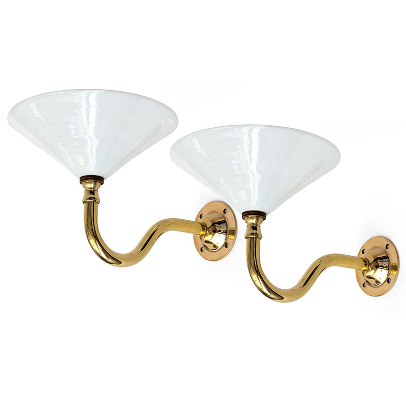 Pair of Art Deco Brass Swan Necked Wall Lights with Opal Glass Shades (c.1925)