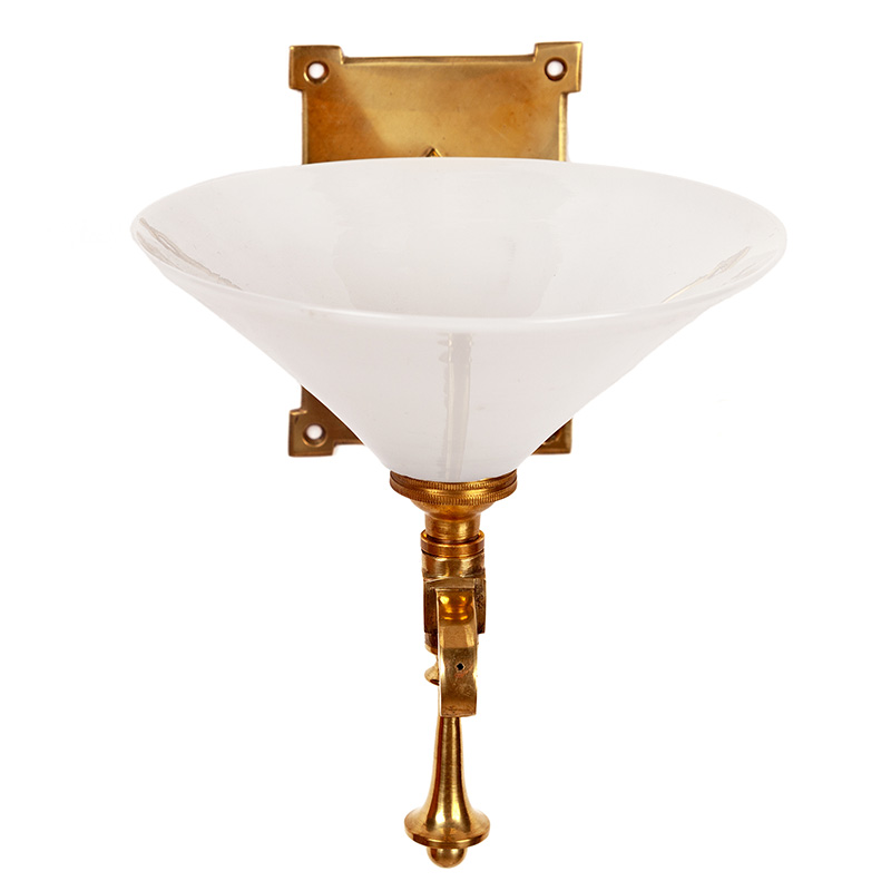Pair of Odeon Style Brass Wall Lights Fitted with Opal Conical Glass Shades