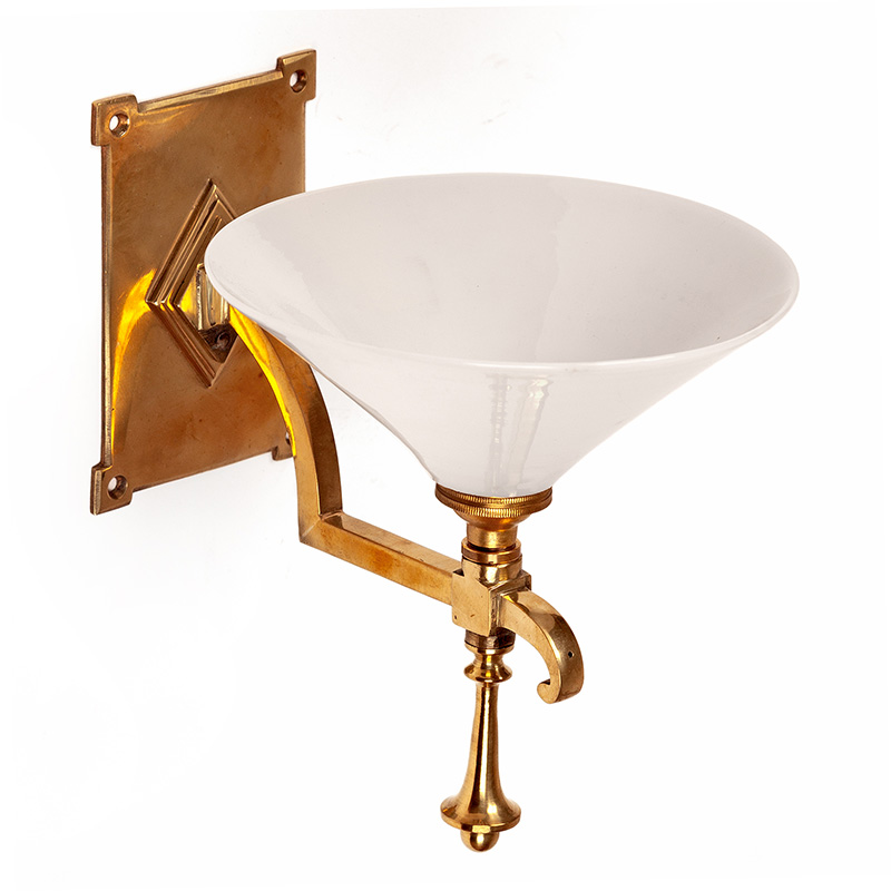 Pair of Odeon Style Brass Wall Lights Fitted with Opal Conical Glass Shades