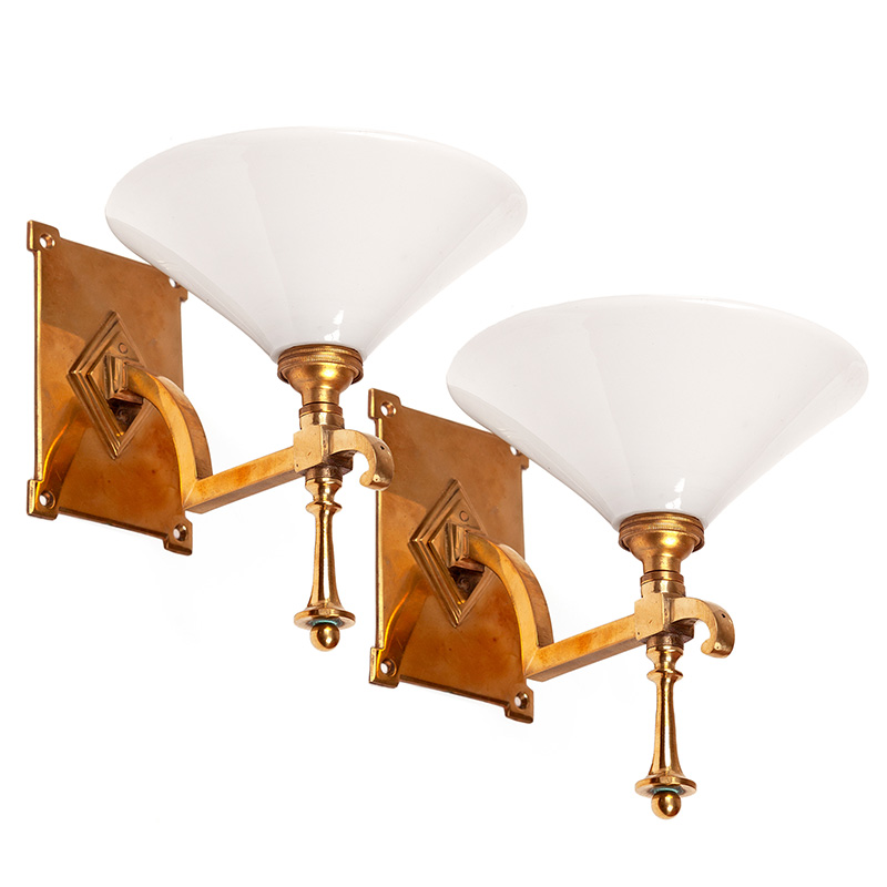 Pair of Odeon Style Brass Wall Lights Fitted with Opal Conical Glass Shades