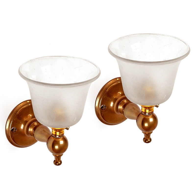 Pair of Art Deco Bijou Cast Brass Wall Lights Fitted with Frosted Bell Shaped Glass Shades