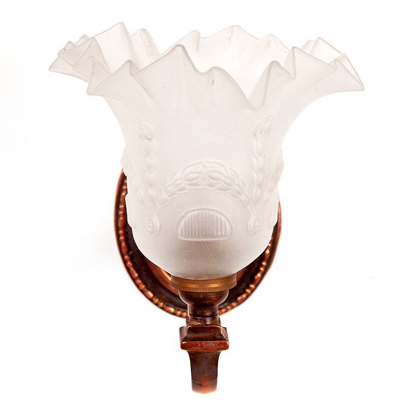 Pair of Decorative Swan Necked Copper Oxidised Wall Lights supporting Frosted Glass Shades