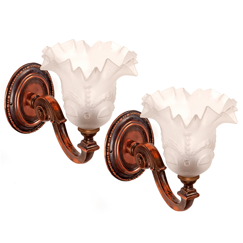 Pair of Decorative Swan Necked Copper Oxidised Wall Lights supporting Frosted Glass Shades