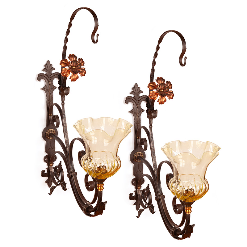 Pair of Decorative Wrought Iron Wall Lights with Green Fluted Vaseline Shades