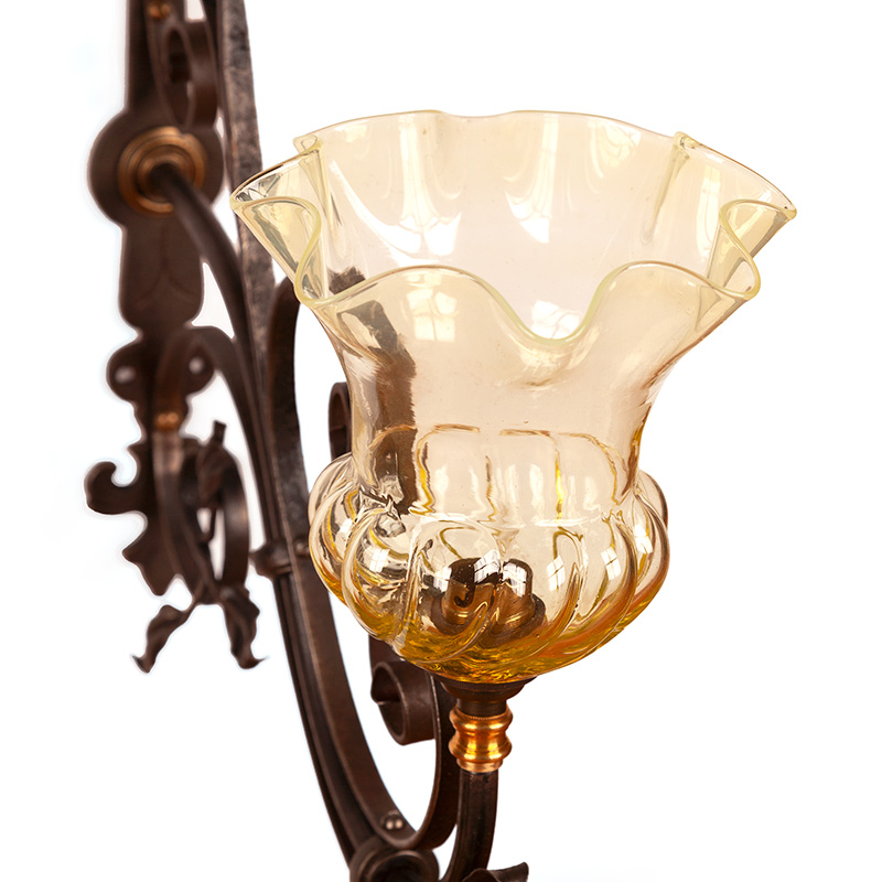 Pair of Decorative Wrought Iron Wall Lights with Green Fluted Vaseline Shades