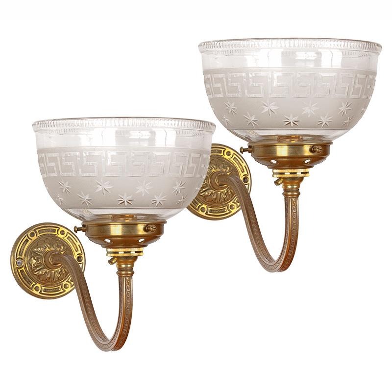 Pair of Edwardian Wall Lights Decorated with the Greek Key Pattern