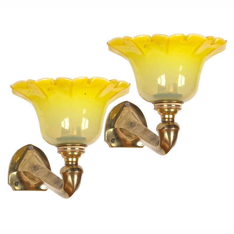 Pair of Art Nouveau Shield Shaped Wall Lights with Fluted Yellow Glass Shades (c.1910)