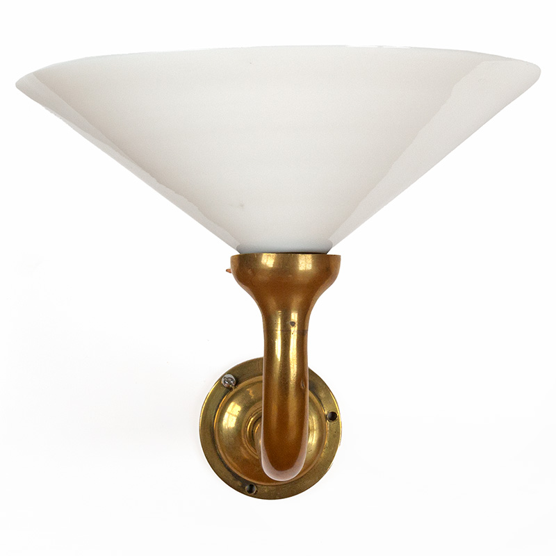 Pair of Art Deco Cast Brass Wall Lights with Opal Coolie Shaped Glass Shades