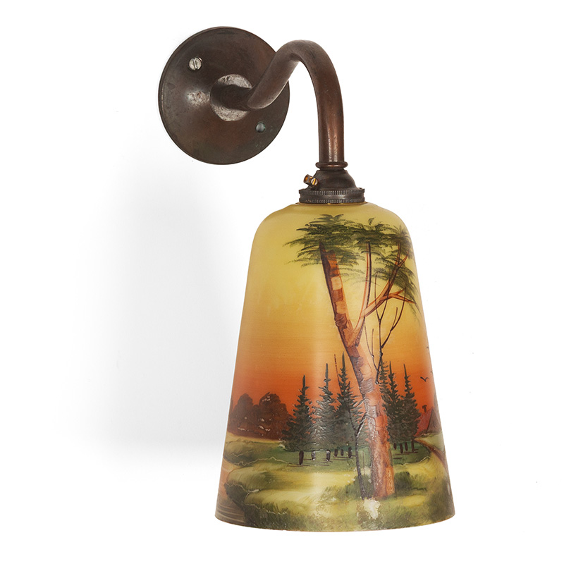 Art Deco Copper Oxidised Brass Wall Light with Glass Shade with Hand Decorated Rural Scene