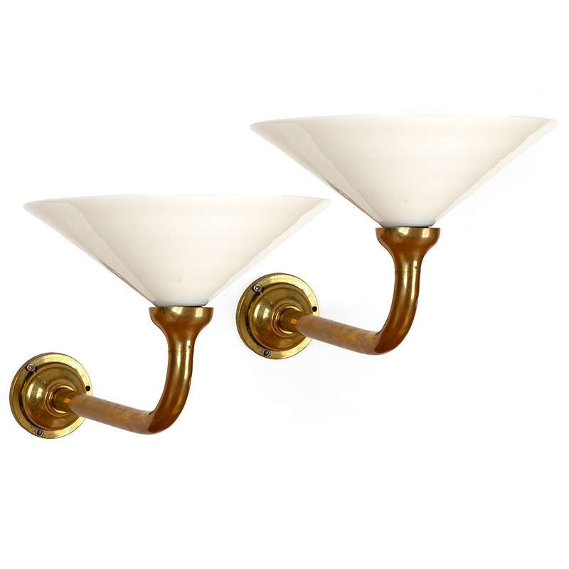 Pair of Art Deco Cast Brass Wall Lights with Opal Coolie Shaped Glass Shades (c.1925)