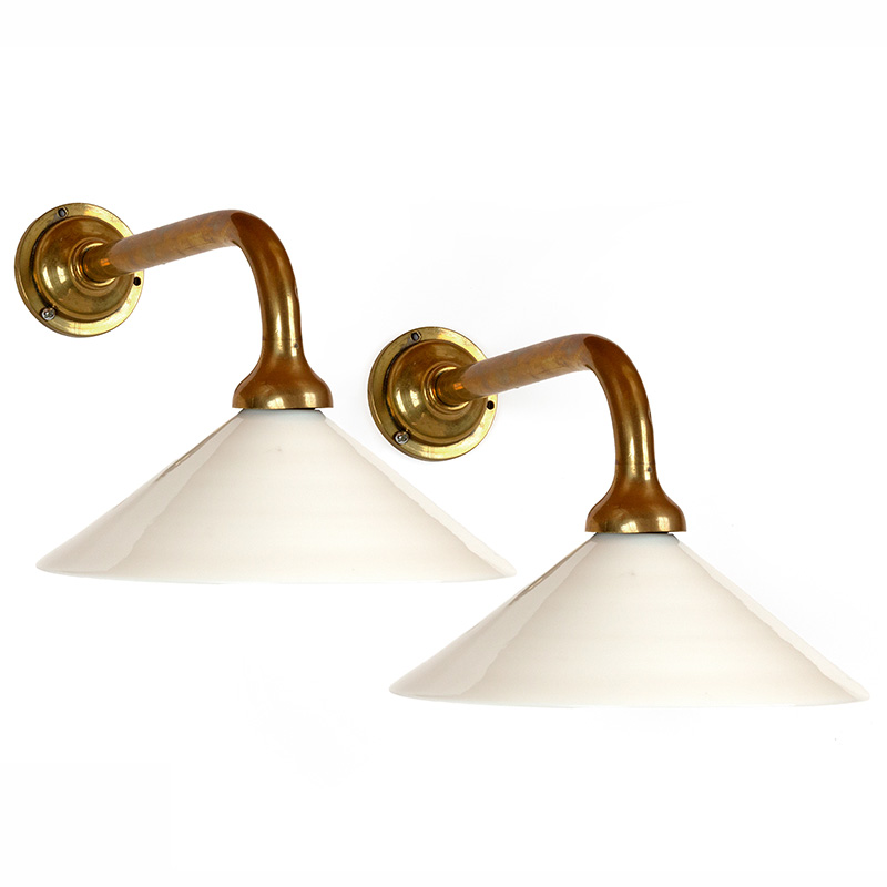 Pair of Art Deco Cast Brass Wall Lights with Opal Coolie Shaped Glass Shades