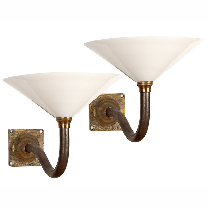 Pair of Art Deco Patinated Swan Necked Wall Lights with Opal Glass Shades (c.1925)