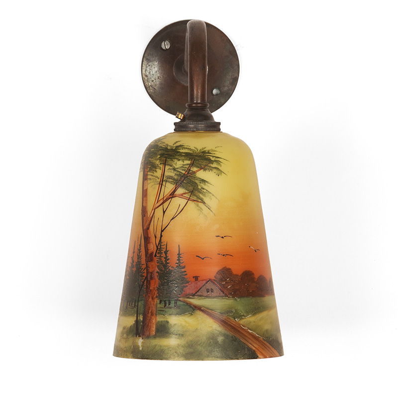 Art Deco Copper Oxidised Brass Wall Light with Glass Shade with Hand Decorated Rural Scene
