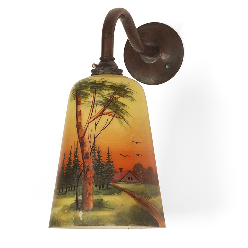 Art Deco Copper Oxidised Brass Wall Light with Glass Shade with Hand Decorated Rural Scene