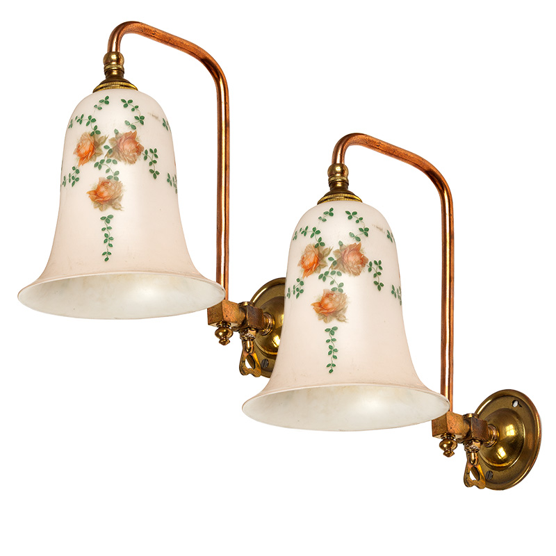 Pair of Art Deco Wall Lights in Copper and Brass with Pink Glass Shades
