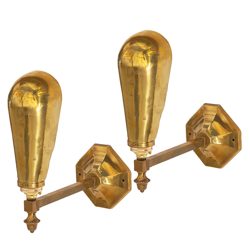 Pair of Art Deco Wall Lights in Brass with Semi Scoop Brass Shades (c.1920)