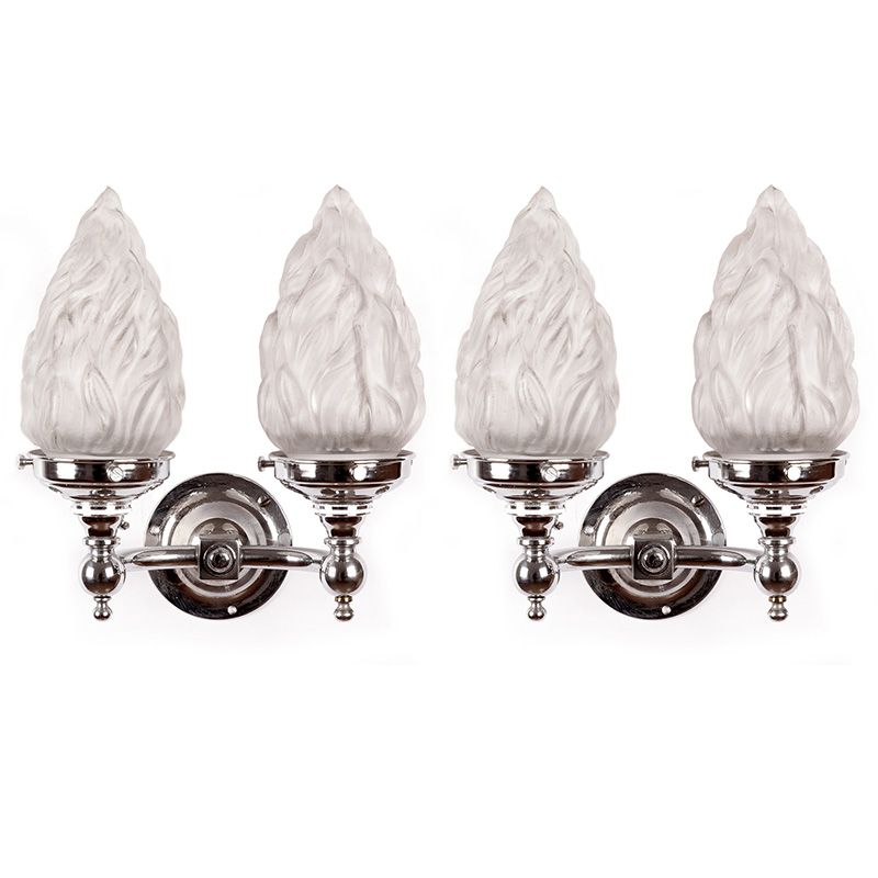 Pair of Art Deco Double Chromium Plated Brass Wall Lights with Frosted Flame Shades