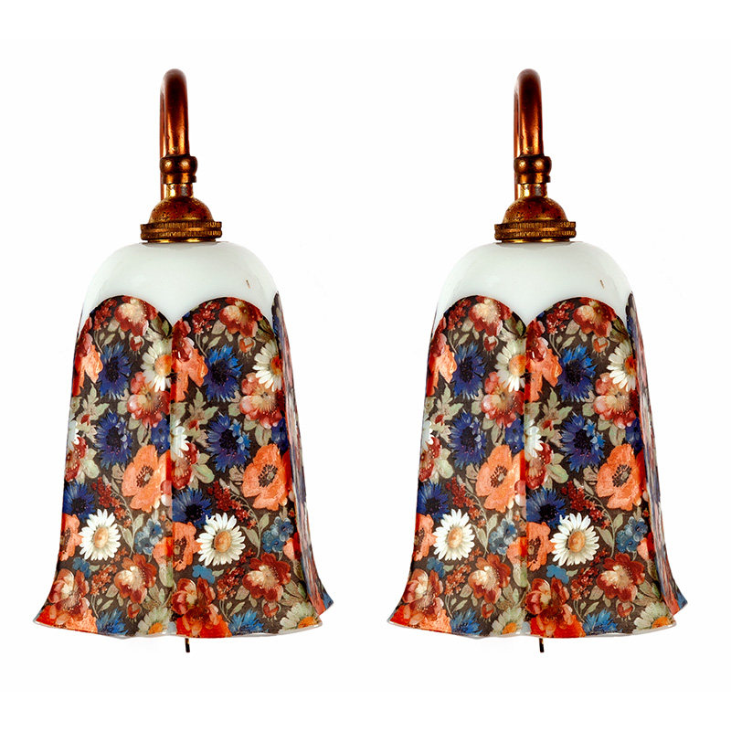 Pair of Brass Art Deco Wall Lights with Glass Shades Decorated with Daisies and Poppies