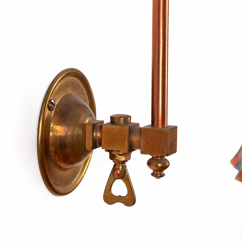 Pair of Brass Art Deco Wall Lights with Glass Shades Decorated with Daisies and Poppies