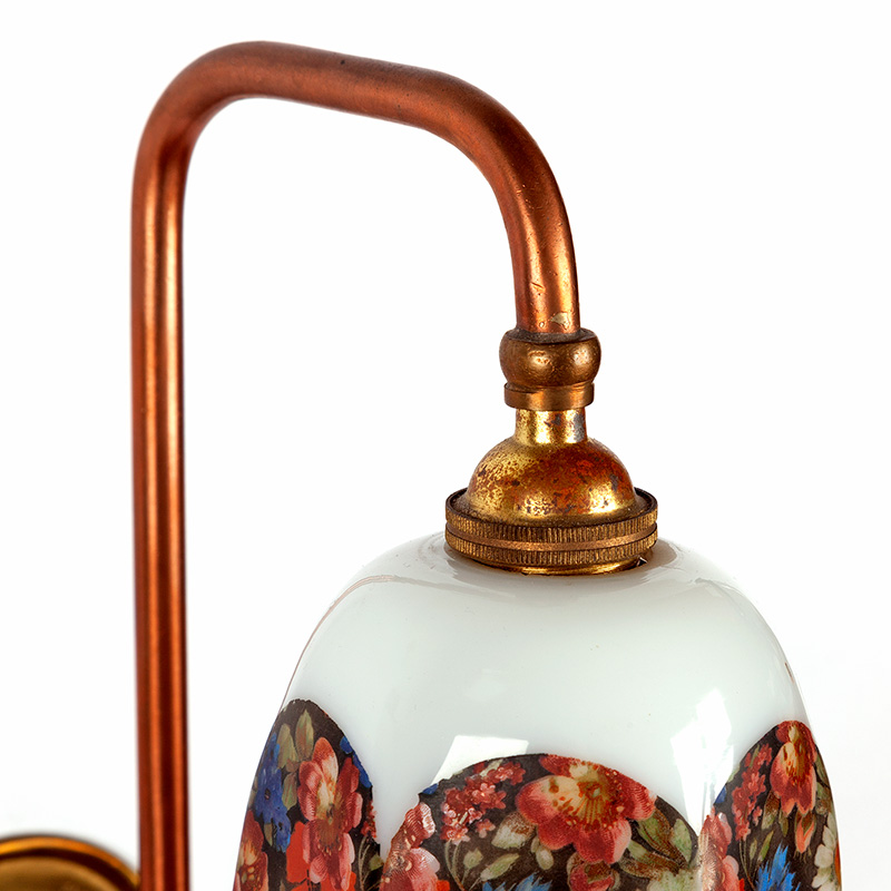 Pair of Brass Art Deco Wall Lights with Glass Shades Decorated with Daisies and Poppies