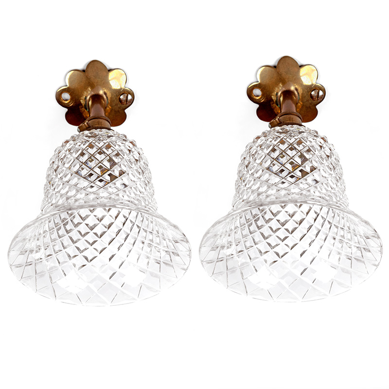 Pair of Antique Edwardian Bijou Brass Wall Lights with Hobnail Glass Shades (c.1910)
