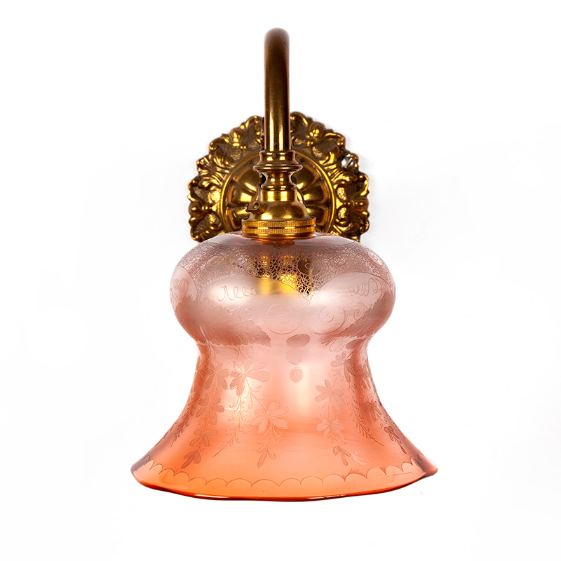 Pair of Leafy Edwardian Brass Wall Lights with Fluted Gradating Orange Glass Shades