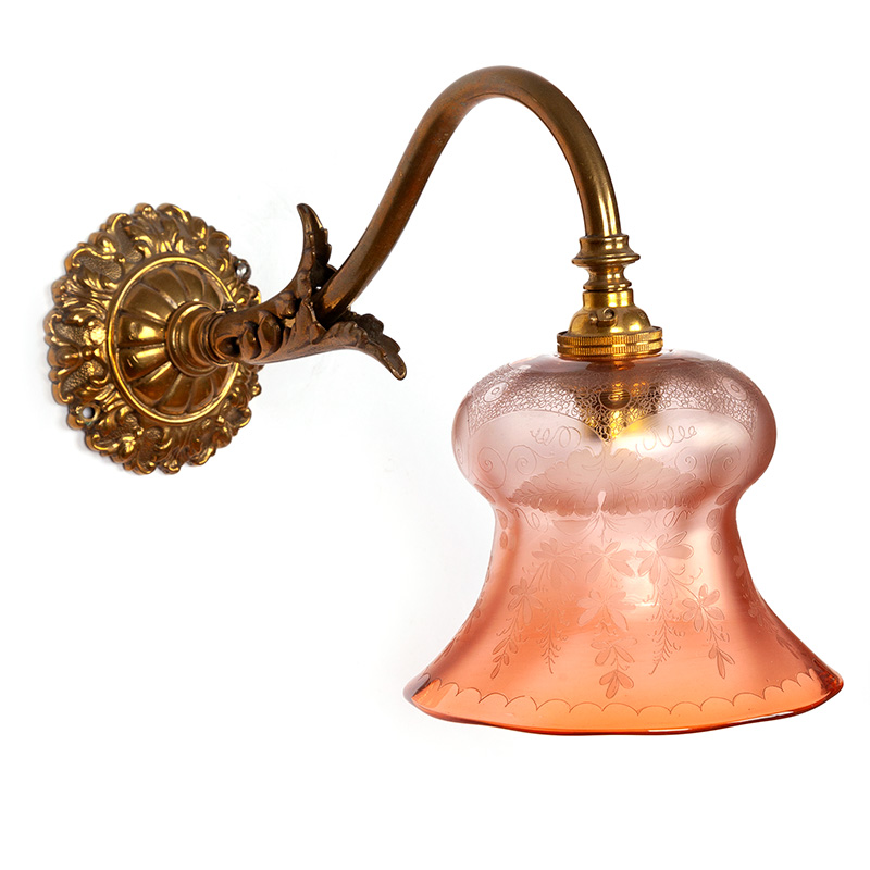 Pair of Leafy Edwardian Brass Wall Lights with Fluted Gradating Orange Glass Shades