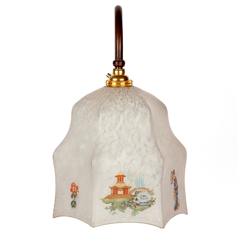 Pair of Art Deco Copper Oxidised Wall Lights with Hexagonal Glass Shades with Oriental Decoration