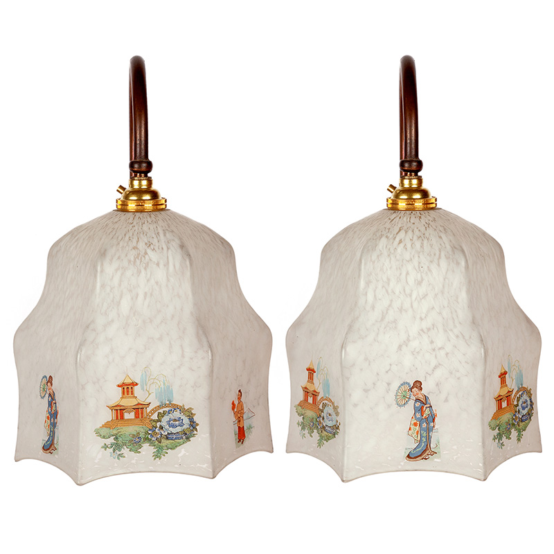 Pair of Art Deco Copper Oxidised Wall Lights with Hexagonal Glass Shades with Oriental Decoration