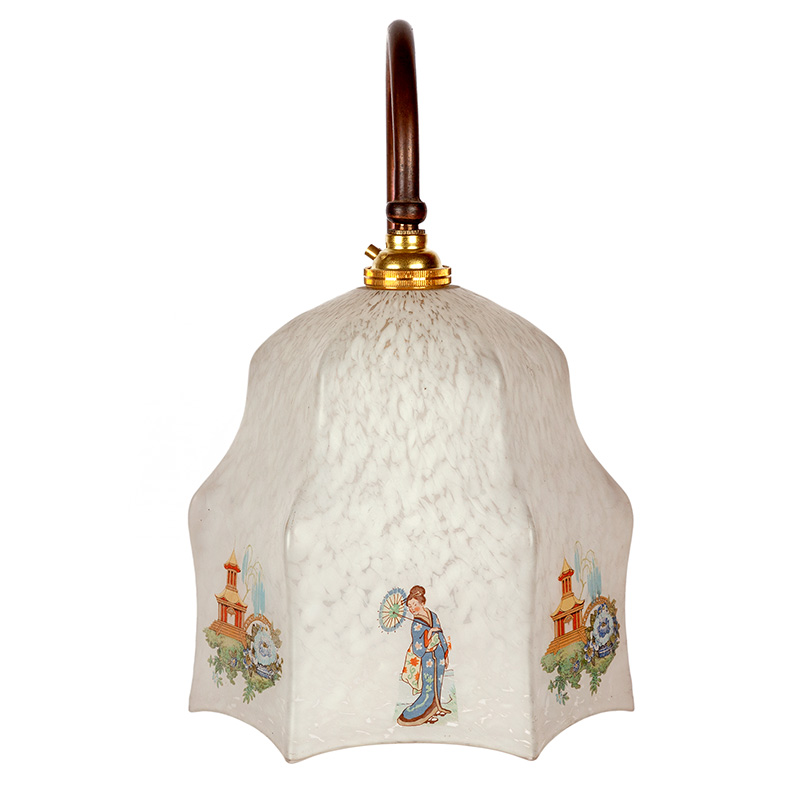 Pair of Art Deco Copper Oxidised Wall Lights with Hexagonal Glass Shades with Oriental Decoration