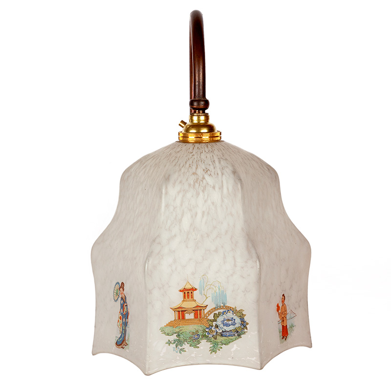 Pair of Art Deco Copper Oxidised Wall Lights with Hexagonal Glass Shades with Oriental Decoration