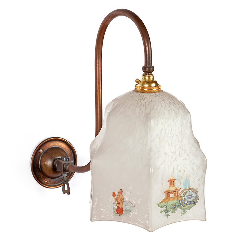 Pair of Art Deco Copper Oxidised Wall Lights with Hexagonal Glass Shades with Oriental Decoration