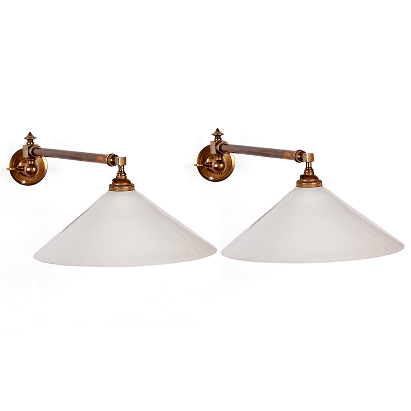 Pair of Antique Art Deco Swivelling Brass Wall Lights with Opal Glass Shades (c.1925)