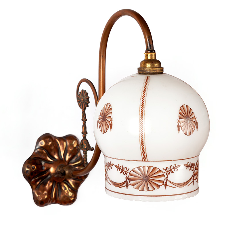 Pair Decorative Copper Oxidised Wall Lights with Hand Painted Glass Shades