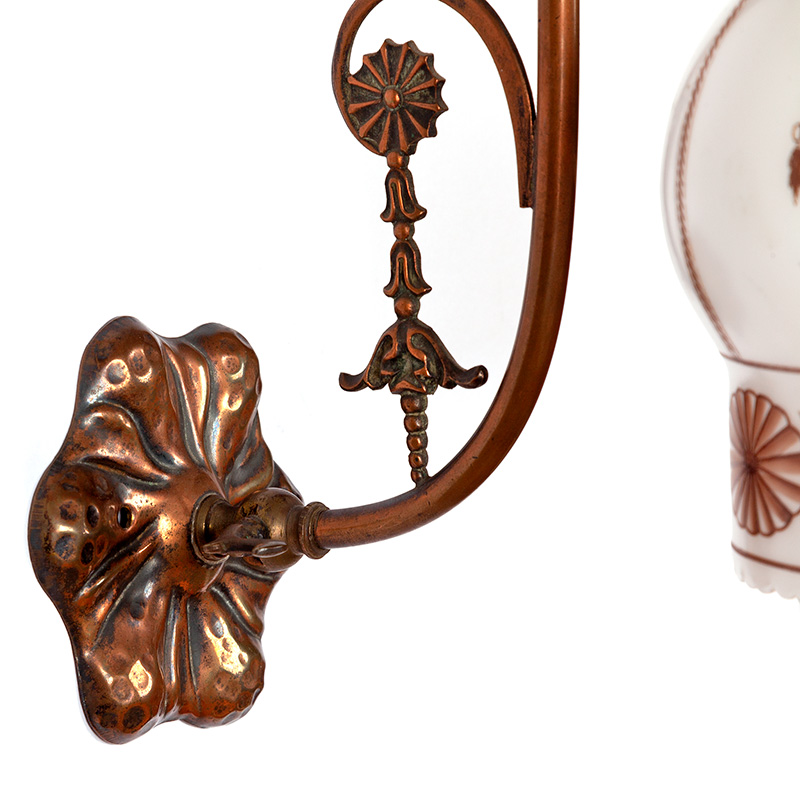 Pair Decorative Copper Oxidised Wall Lights with Hand Painted Glass Shades