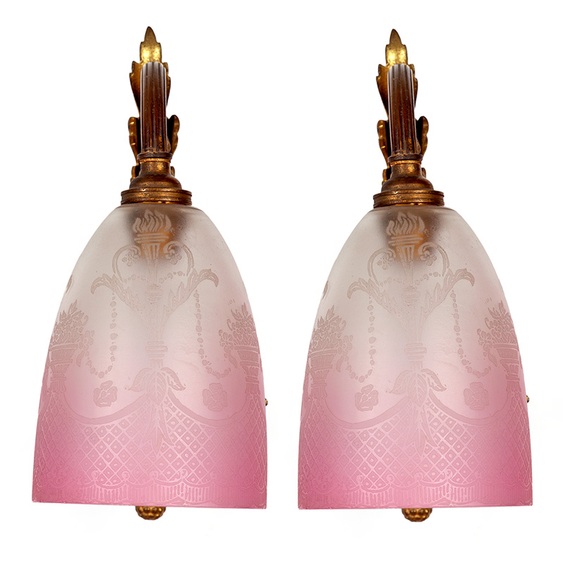 Pair of Converted Gas Wall Lights with Etched Gradating Pink Shades