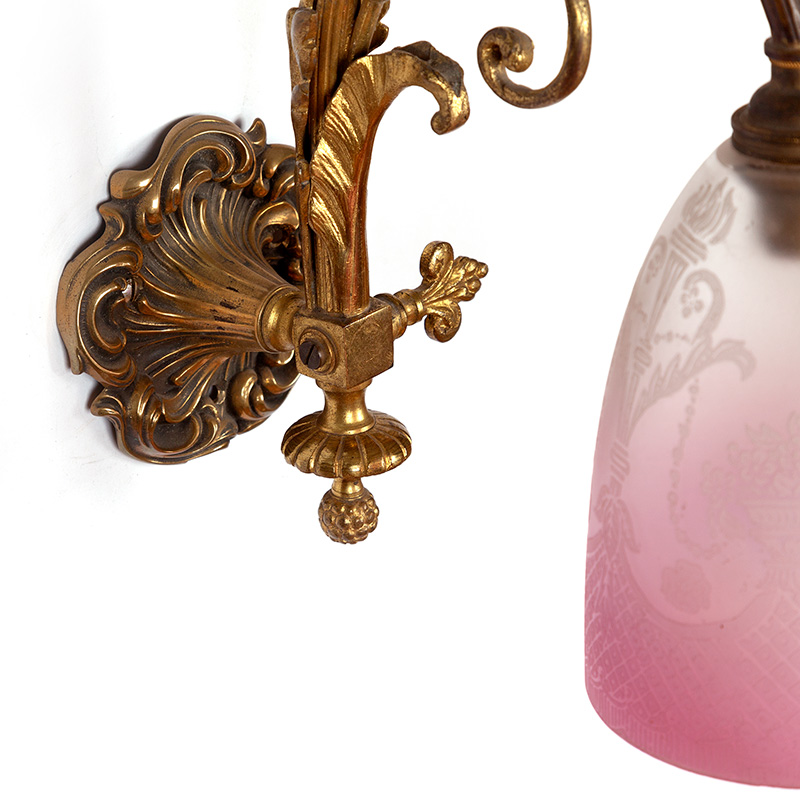 Pair of Converted Gas Wall Lights with Etched Gradating Pink Shades
