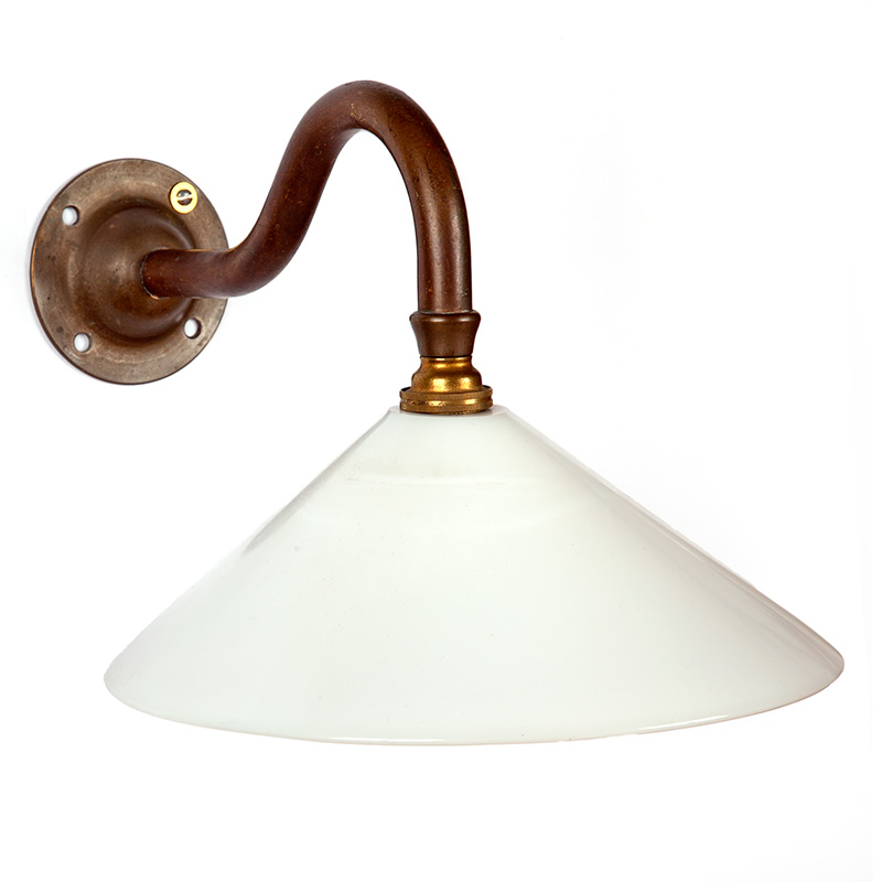 Pair of Art Deco Brass Wall Lights with Opal Coolie Shaped Shades